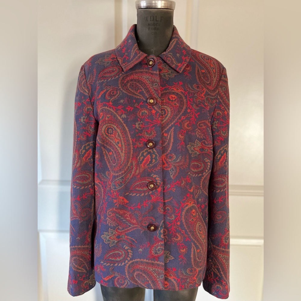 Unbranded Paisley Button Front Jacket Burgundy Blue Lined
